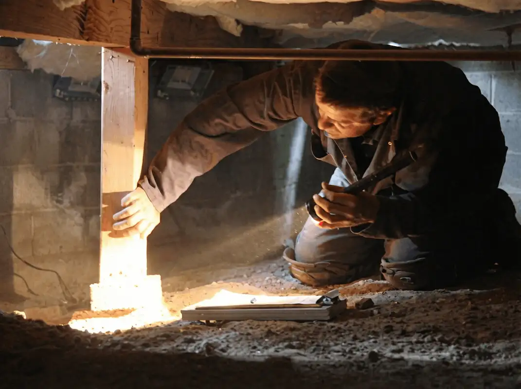 A professional inspecting wooden beams under the floor of a structure in Arlington, TX