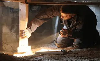 A professional inspecting wooden beams under the floor of a structure in Arlington, TX